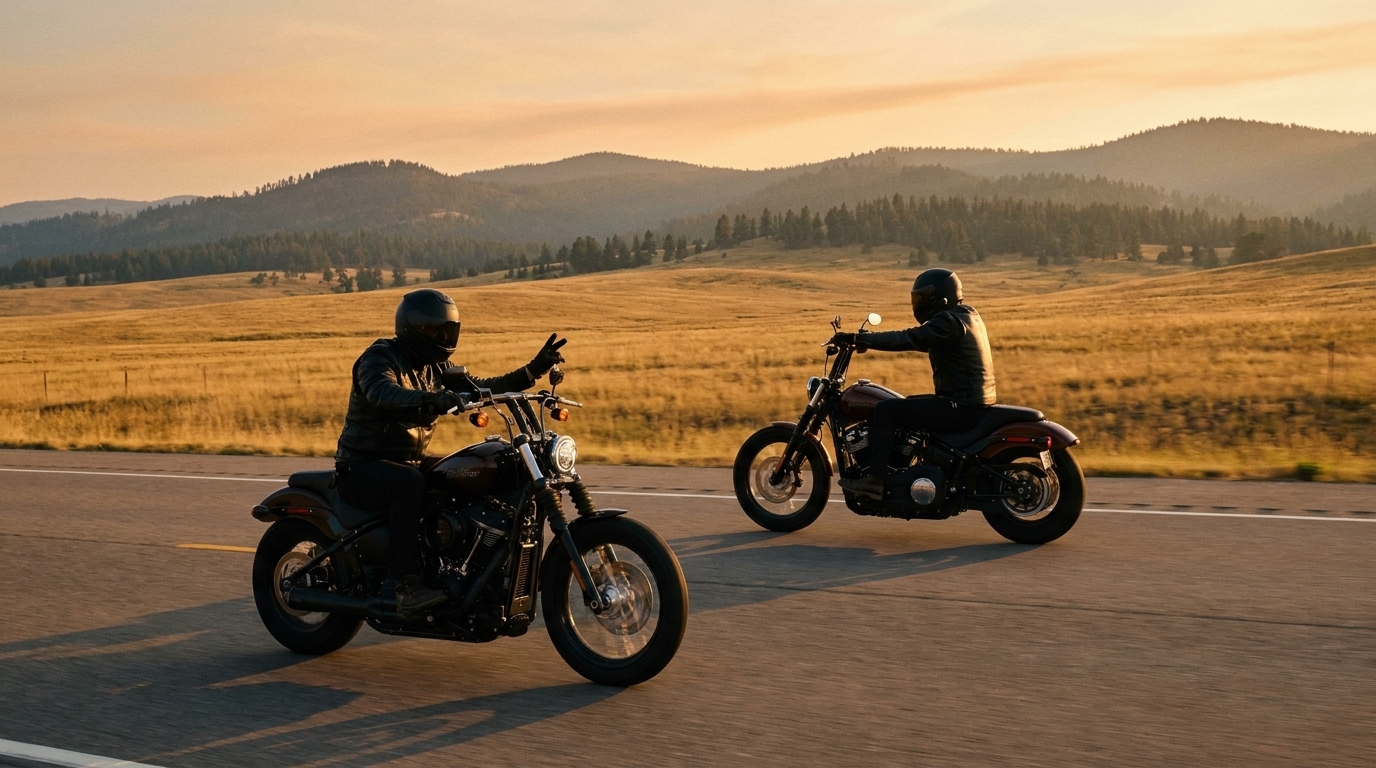 Two motorcyclists passing on a two-lane highway, one giving the low two-finger biker wave at golden hour
