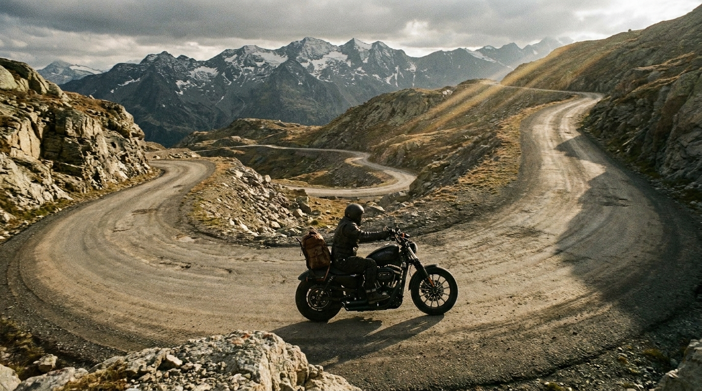 Lone rider on a cruiser motorcycle carving an alpine switchback mountain pass at golden hour, one of the best motorcycle roads in America to ride before summer ends