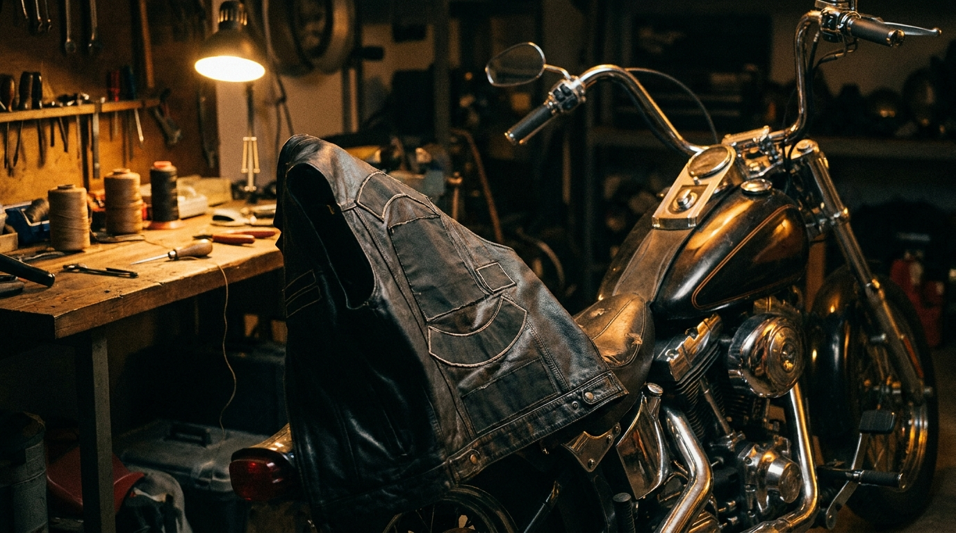 Worn black leather biker vest draped over a cruiser motorcycle saddle in a dim garage, with blank patches and sewing tools on the workbench, illustrating what biker patches mean
