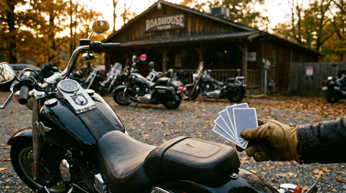 Gloved biker hand fanning playing cards face down over a cruiser motorcycle saddle outside a rustic roadside tavern in autumn, illustrating how a motorcycle poker run works