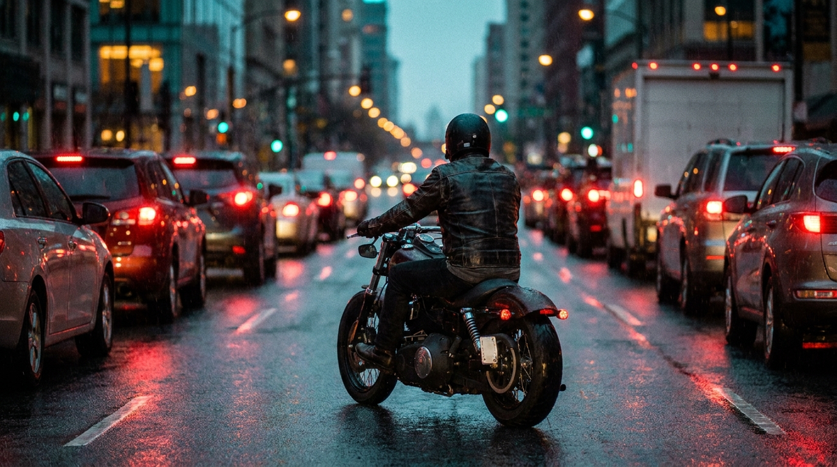 Helmeted rider on a blacked-out cruiser motorcycle lane filtering between two rows of stopped cars with glowing brake lights on a wet urban avenue at dusk, illustrating where lane splitting is legal in 2026