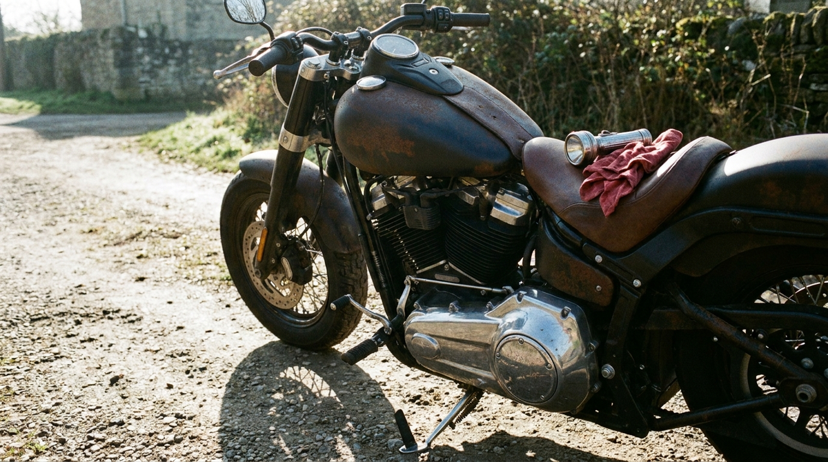 Weathered black cruiser motorcycle parked on a gravel driveway in bright morning light with a flashlight and red shop rag on the saddle, illustrating a used Harley pre-purchase inspection checklist