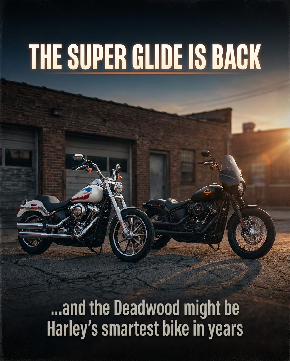2026 Harley-Davidson Super Glide and Deadwood parked outside a brick garage at dusk
