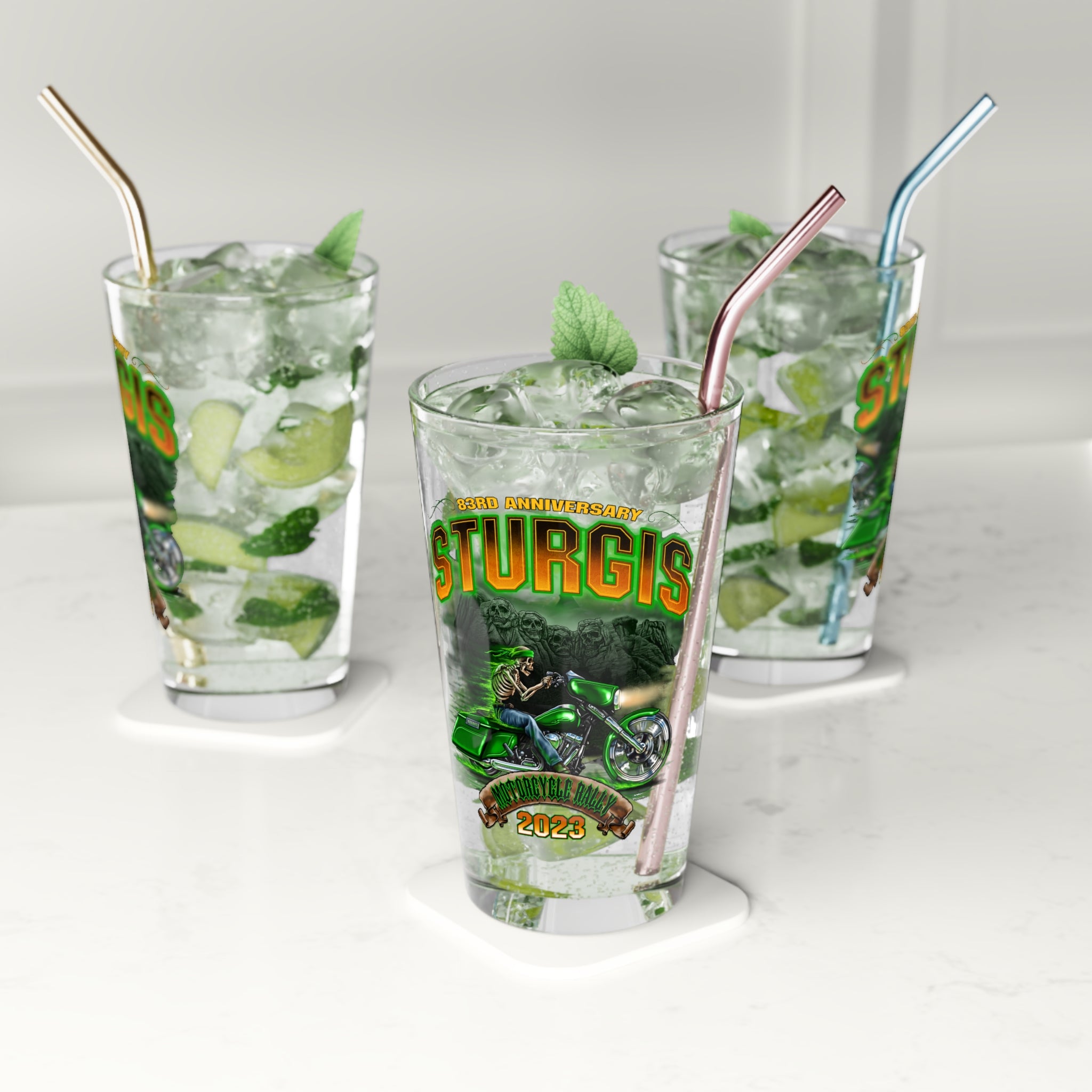 2023 Sturgis Motorcycle Rally Green Skeleton Pint Glass -16oz