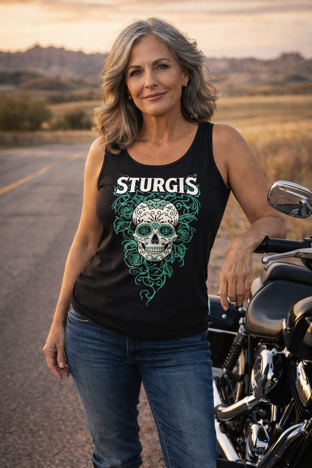 Sturgis Rally Teal Roses Sugar Skull (Ladies)