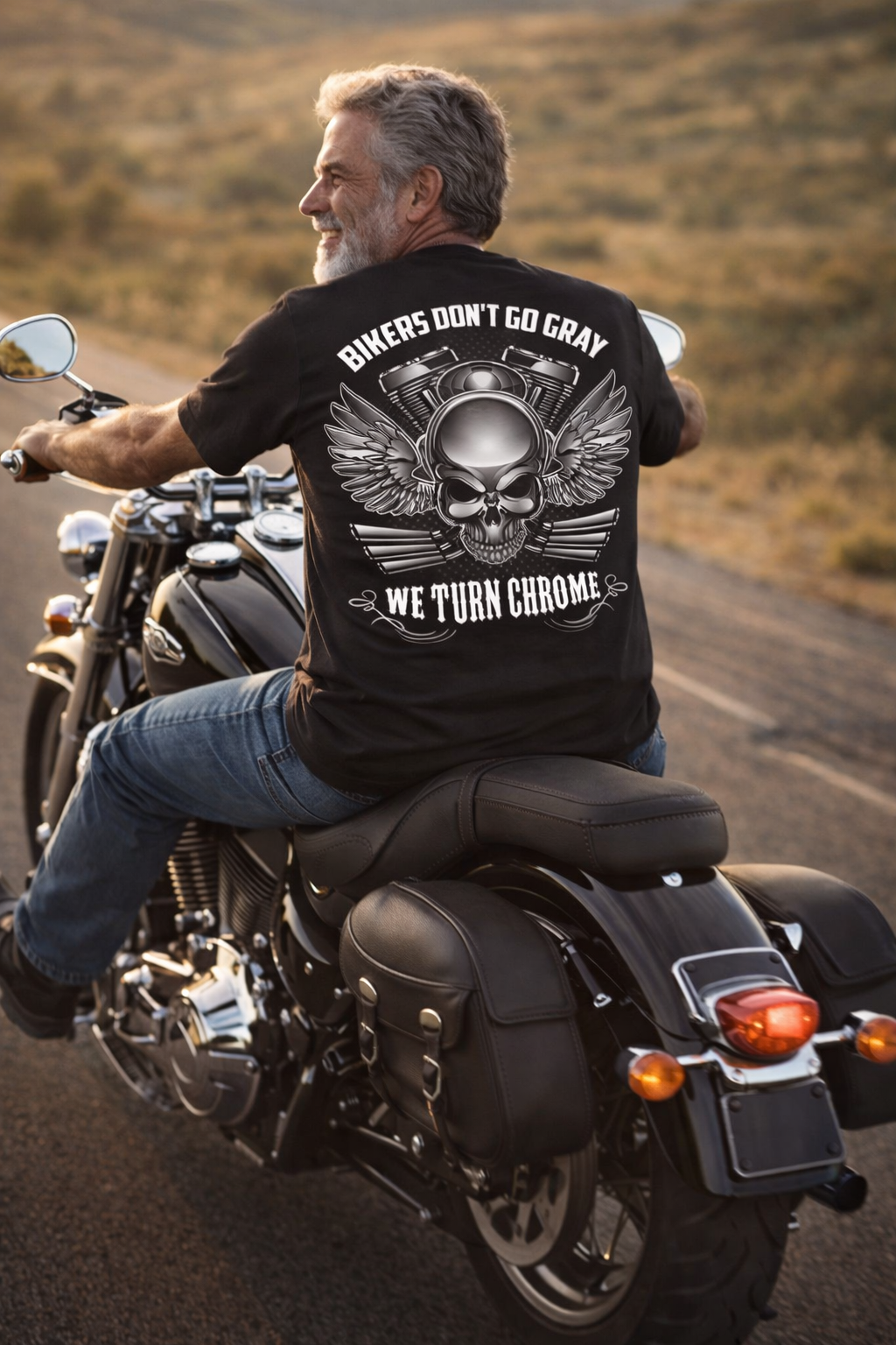 Bikers Don't Go Gray We Turn Chrome - Skull & Wings