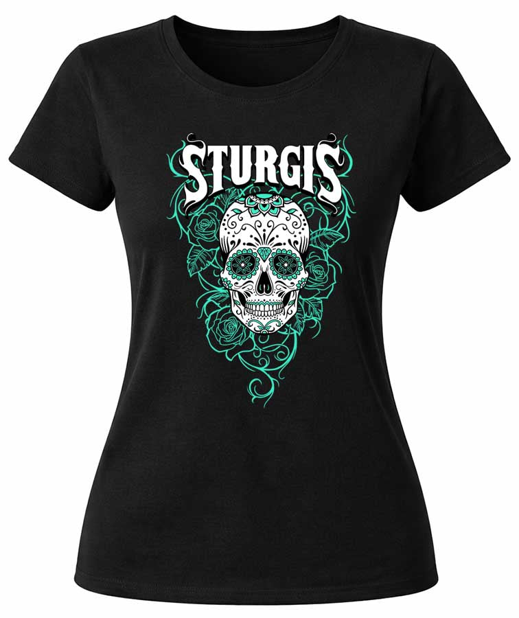 Sturgis Rally Teal Roses Sugar Skull (Ladies)