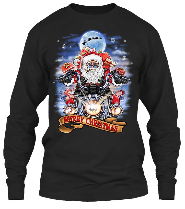 Biker Santa's Motorcycle Ugly Christmas T-shirt (Front Print)