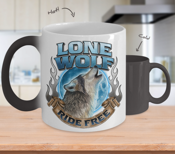 Lone Wolf, Ride Free Biker Color Changing Coffee Mug