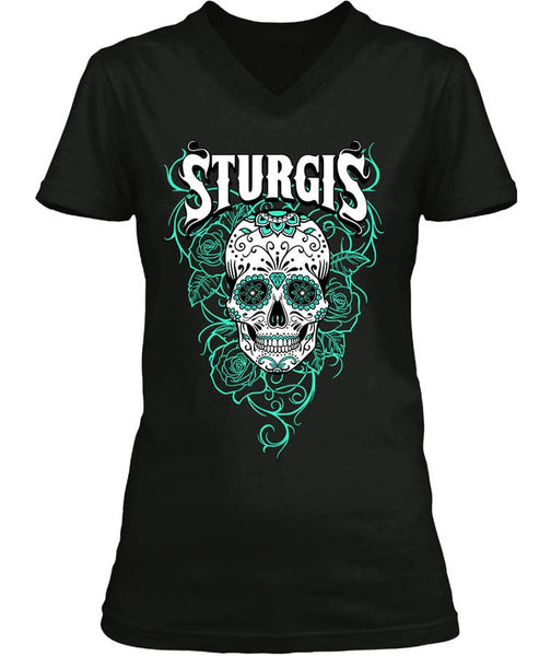 Sturgis Rally Teal Roses Sugar Skull (Ladies)